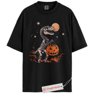 T-Rex Trick-Or-Treat Shirt, Halloween Dinosaur Skeleton T-Shirt, Pumpkin Trick Or Treat Tee, Spooky Season Comfort Colors Shirt