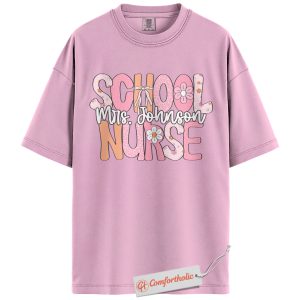 Personalized School Nurse Shirt, Custom Name T-Shirt for Nurses, Back to School Gift for Medical Staff, Cute Groovy Nurse Comfort Colors Shirt