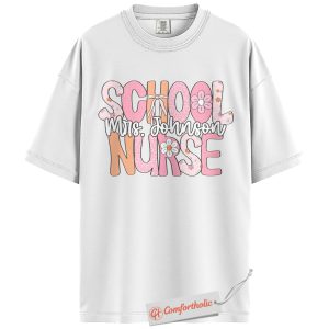 Alternative view of Personalized School Nurse Shirt, Custom Name T-Shirt for Nurses, Back to School Gift for Medical Staff, Cute Groovy Nurse Comfort Colors Shirt