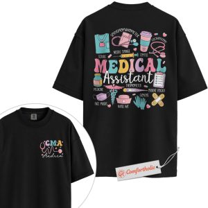 Personalized CMA Shirt, Custom Medical Assistant T-Shirt, Colorful Medical Tools Graphic Tee, Cute Gift for Healthcare Workers, Medical Staff Comfort Colors Shirt 2-Sided