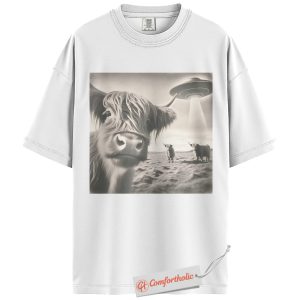 Alternative view of Highland Cow UFO Shirt, Funny Alien Abduction Farm T-Shirt, Surreal Cow Graphic Tee, Unique Gift for Ranchers & Space Lovers, Farmer Comfort Colors Shirt