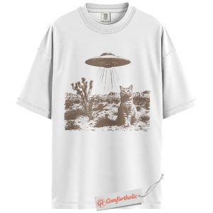 Alternative view of Alien Abduction Cat Shirt, Desert UFO Graphic T-Shirt, Funny Cat Lover Tee, Cute Sci-Fi Comfort Colors Shirt
