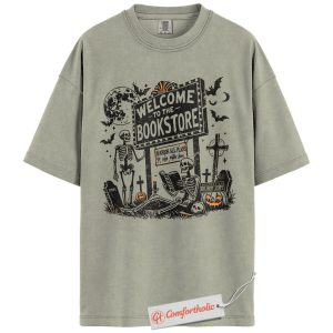 Alternative view of Welcome to the Bookstore Shirt, Skeleton Reading Graphic Tee, Spooky Book Lover Gift, Halloween Comfort Colors Shirt