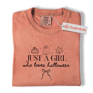 Just a Girl Who Loves Halloween Shirt, Fall Pumpkin & Ghost Graphic Tee, Seasonal Spooky T-Shirt, Halloween Comfort Colors Shirt