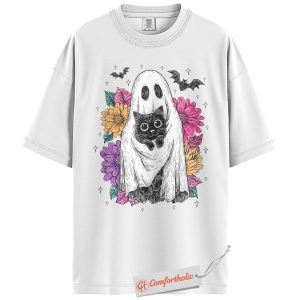 Alternative view of Ghost Cat Shirt, Floral Spooky Cat Graphic Tee, Cute Halloween Costume Tee, Halloween Comfort Colors Shirt