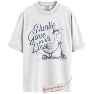 Alternative view of Auntie Goose on the Loose Shirt, Funny Aunt Shirt, Retro Scooter Goose Graphic Shirt, Cool Aunt Comfort Colors Shirt