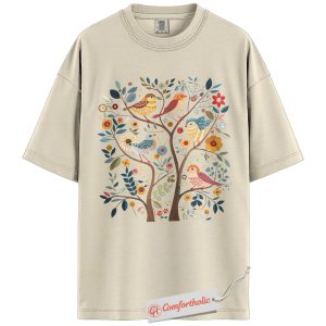 Folk Art Bird Shirt, Colorful Tree of Life Graphic Shirt, Cottagecore Nature Shirt, Boho Botanical Wildlife Shirt, Bird Lover Comfort Colors Shirt