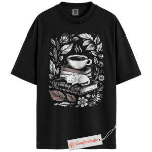 Cat Coffee Book Stack Shirt, Book Lover Shirt, Cozy Reading Nook Shirt, Cottagecore Bibliophile Comfort Colors Shirt