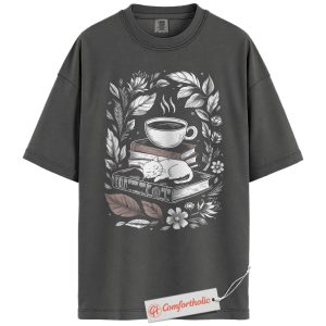 Alternative view of Cat Coffee Book Stack Shirt, Book Lover Shirt, Cozy Reading Nook Shirt, Cottagecore Bibliophile Comfort Colors Shirt