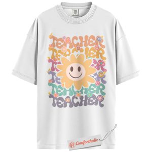 Alternative view of Groovy Teacher Shirt, Flower Smile Face Shirt, Back to School Shirt, Educator Comfort Colors Shirt