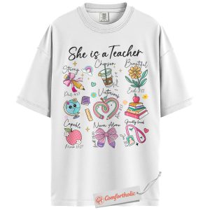 Alternative view of She Is a Teacher Shirt, Christian Teacher Shirt, Bible Verse Shirt, Faith-Based Educator Shirt, Inspirational Comfort Colors Shirt