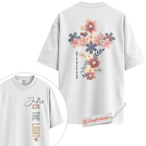 Alternative view of Jesus Is the Light Shirt, Floral Cross Christian Shirt, Walk by Faith Bible Verse Shirt, Faith-Based Comfort Colors Shirt 2-Sided