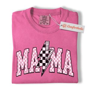 Mama Shirt, Lightning Bolt Checkered Mom Shirt, Mother's Day Gift, Family Comfort Colors Shirt
