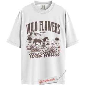 Alternative view of Wildflowers and Wild Horses Shirt, Western Nature T-Shirt, Boho Country Graphic Tee, Vintage Horse Lover Comfort Colors Shirt