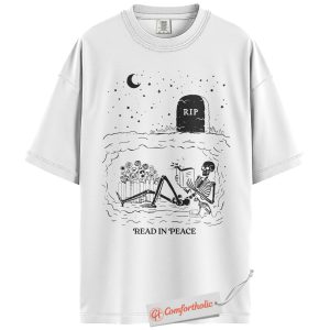 Alternative view of Comfort Colors Read in Peace Shirt, Skeleton Reading T-Shirt, Funny Dark Academia Tee, Spooky Gift for Readers, Book Lover Comfort Colors Shirt