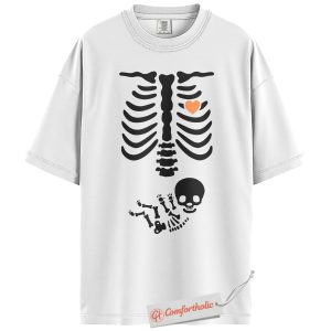Alternative view of Pregnant Shirt, Funny Maternity T-Shirt, Baby Skeleton Costume Tee, Halloween Gift, Cute Pregnancy Reveal Comfort Colors Shirt