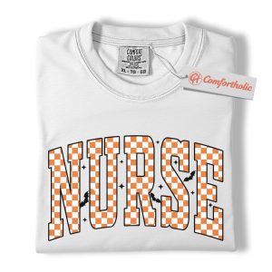 Alternative view of Halloween Nurse Shirt, Cute Checkered Letter RN T-Shirt, Fall Spooky Season Graphic Tee, Healthcare Workers Comfort Colors Shirt