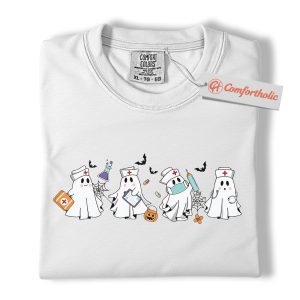 Alternative view of Ghost Nurse Shirt, Cute Halloween Healthcare Worker T-Shirt, Funny Medical Staff Spooky Graphic Tee, Fall Gift for Nurses, RN Comfort Colors Shirt