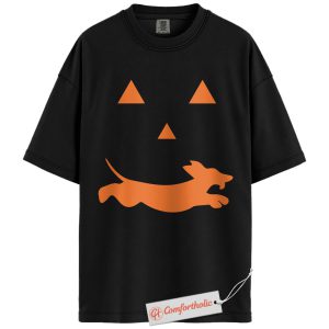 Halloween Dachshund Shirt, Funny Pumpkin Face Dog T-Shirt, Spooky Fall Graphic Tee, Cute Wiener Dog Costume Comfort Colors Shirt