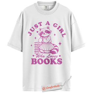 Alternative view of Just a Girl Who Loves Books Shirt, Cute Raccoon Reading Shirt, Book Lover Gift, Aesthetic Reader Shirt, Comfort Colors Shirt