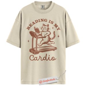 Reading Is My Cardio Shirt, Funny Cat Book Lover Shirt, Cute Treadmill Reading Shirt, Gift for Readers and Cat Lovers, Comfort Colors T-Shirt