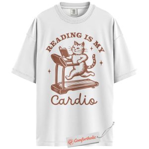Alternative view of Reading Is My Cardio Shirt, Funny Cat Book Lover Shirt, Cute Treadmill Reading Shirt, Gift for Readers and Cat Lovers, Comfort Colors T-Shirt