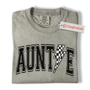 Auntie Shirt, Lightning Bolt Graphic Tee, Cool Checker Print Aunt T-Shirt, Trendy Comfort Colors Shirt