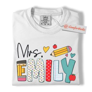 Alternative view of Personalized Teacher Shirt, Back to School T-Shirt, Custom Name Pencil Apple Tee, Cute Education Comfort Colors Shirt