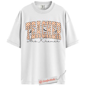 Alternative view of Personalized Teacher Halloween Shirt, Custom Name T-Shirt for Educators, Cute Checkered Pumpkin Fall Graphic Tee, Spooky Classroom Gift, Teacher Comfort Colors Shirt