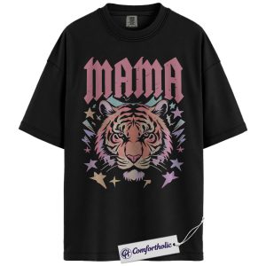 Mama Tiger Shirt, Retro Rock Mom T-Shirt, Cute Animal Graphic Tee, Strong Mama Life Gift for Mothers, Family Comfort Colors Shirt