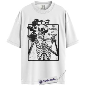 Alternative view of I’d Rather Be Reading Shirt, Gothic Skeleton Book Lover T-Shirt, Funny Coffee and Reading Graphic Tee, Spooky Halloween Comfort Colors Shirt