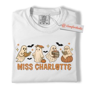 Alternative view of Custom Teacher Halloween Shirt, Personalized Ghost Book Reading T-Shirt with Name, Cute Spooky Classroom Graphic Tee, Fall Gift for Educators, Book Lover Comfort Colors Shirt
