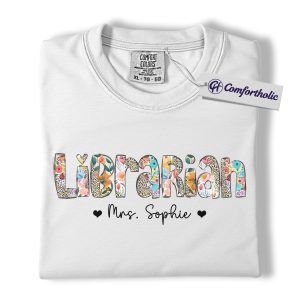 Alternative view of Personalized Librarian Shirt, Custom Name Teacher T-Shirt, Floral Leopard Print Graphic Tee, Cute Library Staff Gift, Comfort Colors Shirt