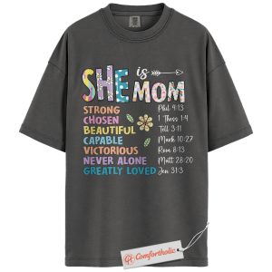 She is Mom Shirt, Bible Verse T-Shirt, Faith-Based Women’s Graphic Tee, Religious Mother’s Day Gift for Moms, Christian Comfort Colors Shirt