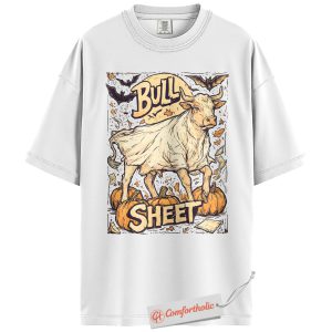 Alternative view of Bull Sheet Shirt, Funny Cow Halloween T-Shirt, Pun Graphic Tee with Ghost Costume, Spooky Fall Farm Animal Comfort Colors Shirt