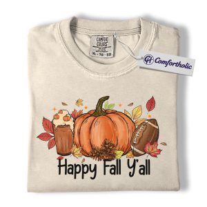Happy Fall Y’all Shirt, Pumpkin Spice Latte T-Shirt, Cute Autumn Graphic Tee, Thanksgiving Gift, Cozy Fall Football Comfort Colors Shirt