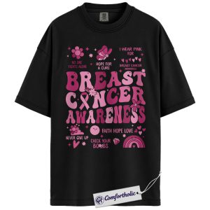 Breast Cancer Awareness Shirt, Pink Ribbon Retro T-Shirt, Support Hope Cure Graphic Tee, October Fundraiser Gift for Women, Cancer Awareness Comfort Colors Shirt