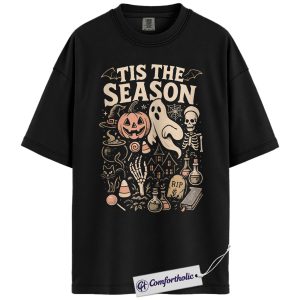 Tis The Season Halloween Shirt, Spooky Pumpkin Ghost Skeleton T-Shirt, Vintage Fall Graphic Tee, Cute Autumn Outfit, Comfort Colors Shirt
