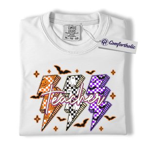 Alternative view of Halloween Teacher Shirt, Spooky Lightning Bolt T-Shirt, Cute Pumpkin Ghost Bat Graphic Tee, Fall School Outfit, Halloween Comfort Colors Shirt