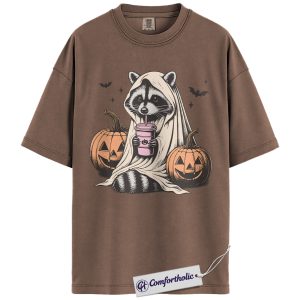 Halloween Raccoon Shirt, Cute Ghost Pumpkin T-Shirt, Spooky Coffee Lover Graphic Tee, Funny Fall Animal Outfit, Halloween Comfort Colors Shirt