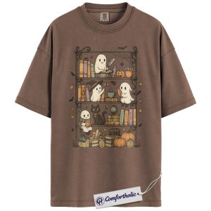 Alternative view of Halloween Ghost Bookshelf Shirt, Cute Book Lover T-Shirt, Spooky Black Cat Pumpkin Graphic Tee, Fall Reading Outfit, Halloween Comfort Colors Shirt