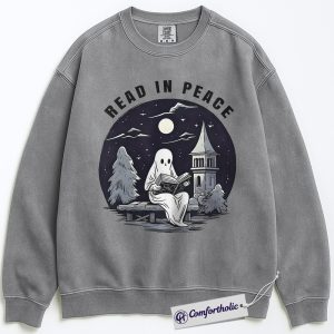 Alternative view of Read In Peace Sweatshirt, Halloween Ghost Reading Graphic Sweatshirt, Spooky Season Book Lover Sweatshirt, Halloween Comfort Colors Sweatshirt