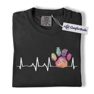 Colorful Paw Print Heartbeat Shirt, Funny Vet Tech T-Shirt, Dog Cat Lover Graphic Tee, Rainbow Animal Rescue Gift, Comfort Colors Shirt