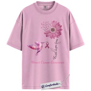 Faith Hope Love Breast Cancer Awareness Shirt, Pink Ribbon Hummingbird T-Shirt, Floral Christian Support Tee for Women, October Cancer Awareness Gift, Comfort Colors Shirt