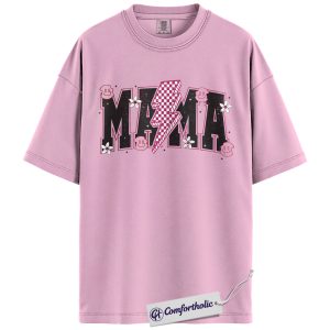 Lightning Bolt Mama Shirt, Cute Retro Mom T-Shirt, Trendy Checker Smiley Face Graphic Tee, Aesthetic Mother’s Day Gift for Moms, Family Comfort Colors Shirt