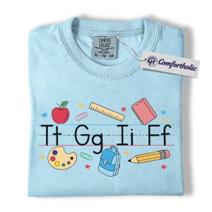 Alternative view of Alphabet Teacher Shirt, Cute Back to School T-Shirt, Colorful Kindergarten Graphic Tee, Elementary Educator Gift, Teacher Comfort Colors Shirt