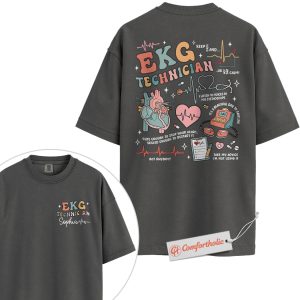 Alternative view of Personalized EKG Technician Shirt, Custom Name Medical Worker T-Shirt, Cute Heartbeat Graphic Tee, Cardiovascular Tech Gift Idea, Cardiology Comfort Colors Shirt 2-Sided