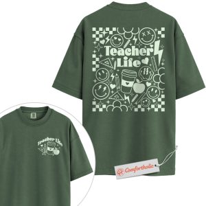Teacher Life Shirt, Retro Smiley Teacher T-Shirt, Cute Back to School Graphic Tee, Aesthetic Coffee & Classroom Gift for Educators, Comfort Colors Shirt 2-Sided