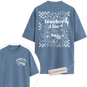Alternative view of Teacher Life Shirt, Retro Smiley Teacher T-Shirt, Cute Back to School Graphic Tee, Aesthetic Coffee & Classroom Gift for Educators, Comfort Colors Shirt 2-Sided