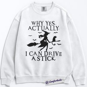 Alternative view of Why Yes I Can Drive a Stick Sweatshirt, Funny Witch Halloween Sweatshirt, Spooky Cat and Broom Graphic Sweatshirt, Cute Fall Party Gift, Halloween Comfort Colors Sweatshirt